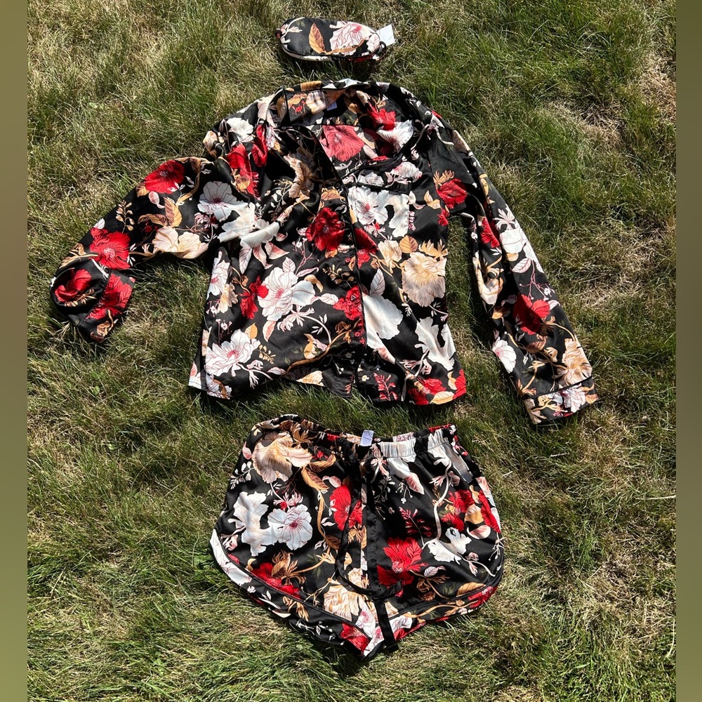 Black Satin Floral Long Sleeve Pajama Set